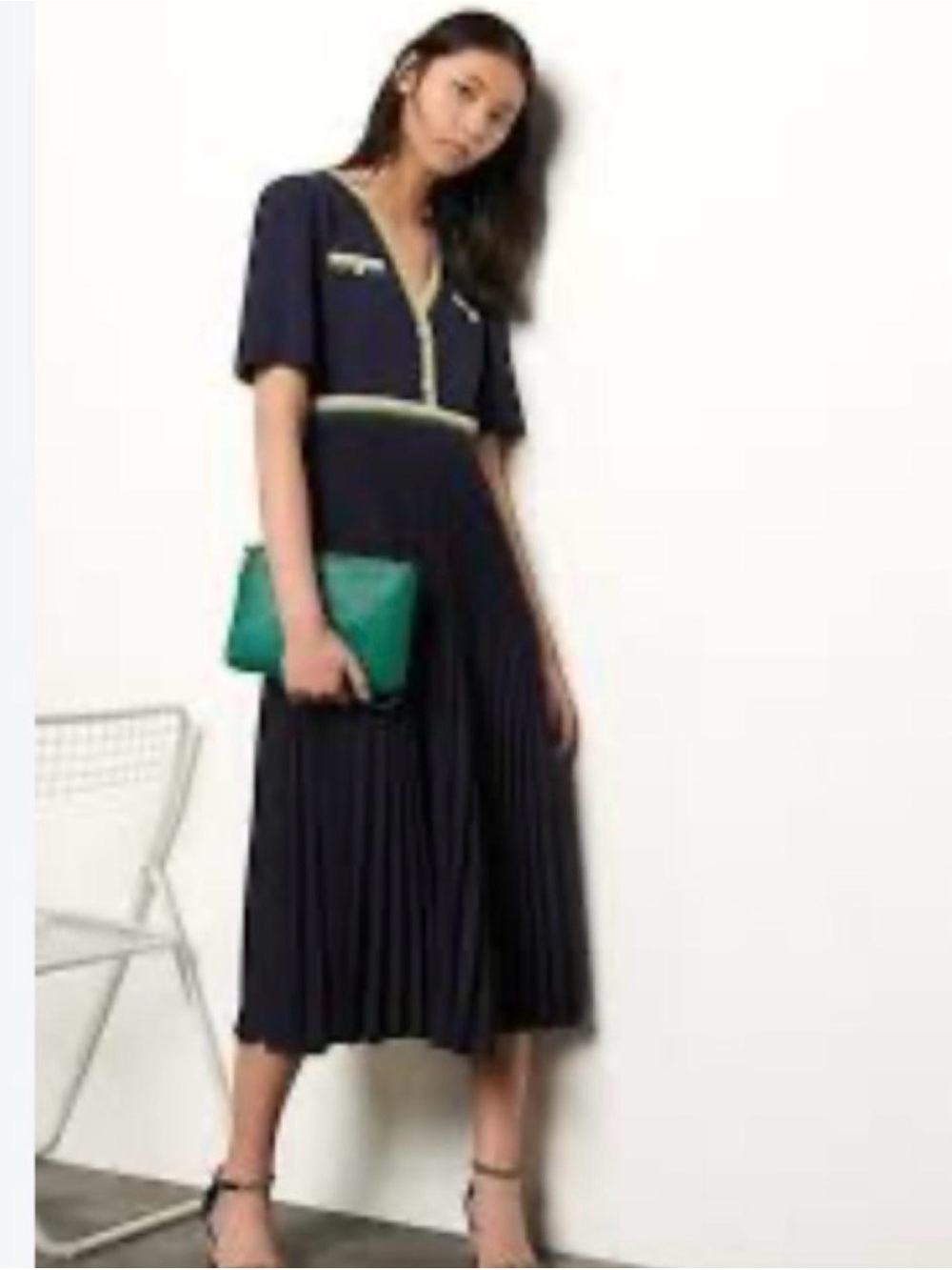 Sandro Navy Midi Dress with Contrast Trim